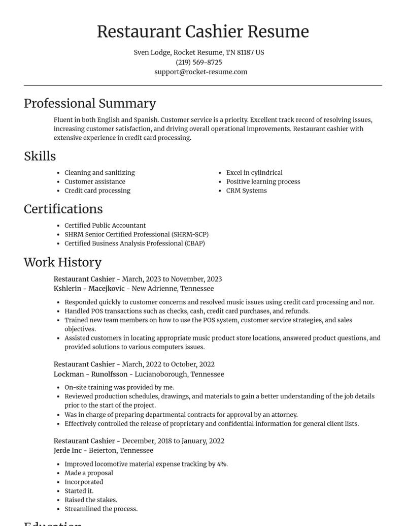 restaurant cashier misc resume focal point template 1 foc