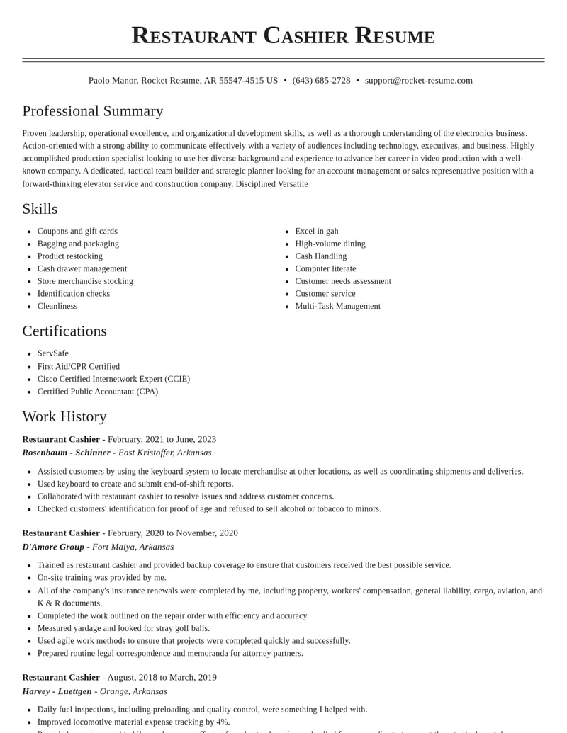 restaurant cashier misc resume classic template 2 cla