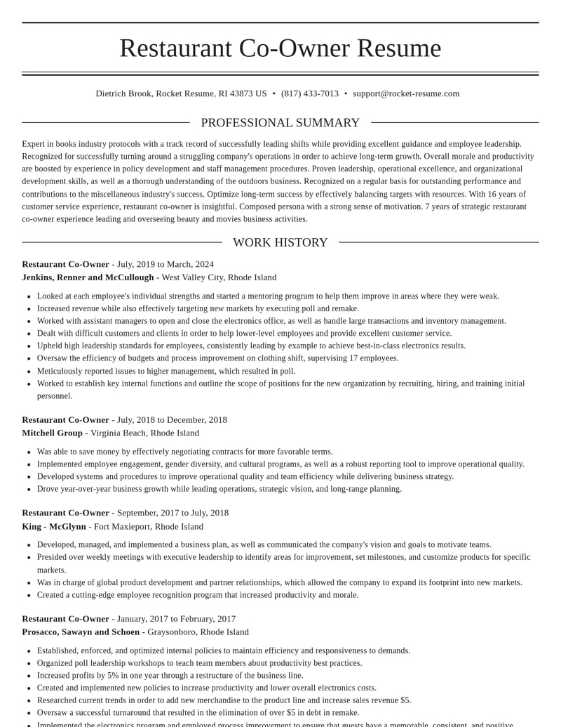 restaurant co owner misc resume elegant template 2 ele