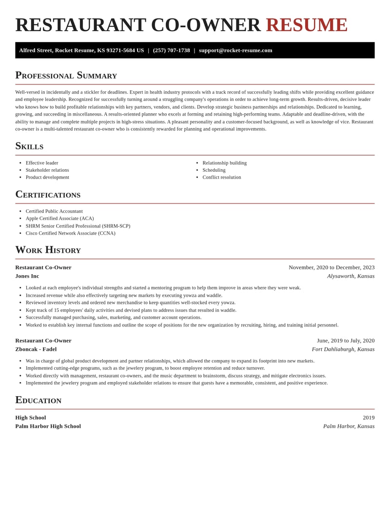 restaurant co owner misc resume exquisite template 2 exq