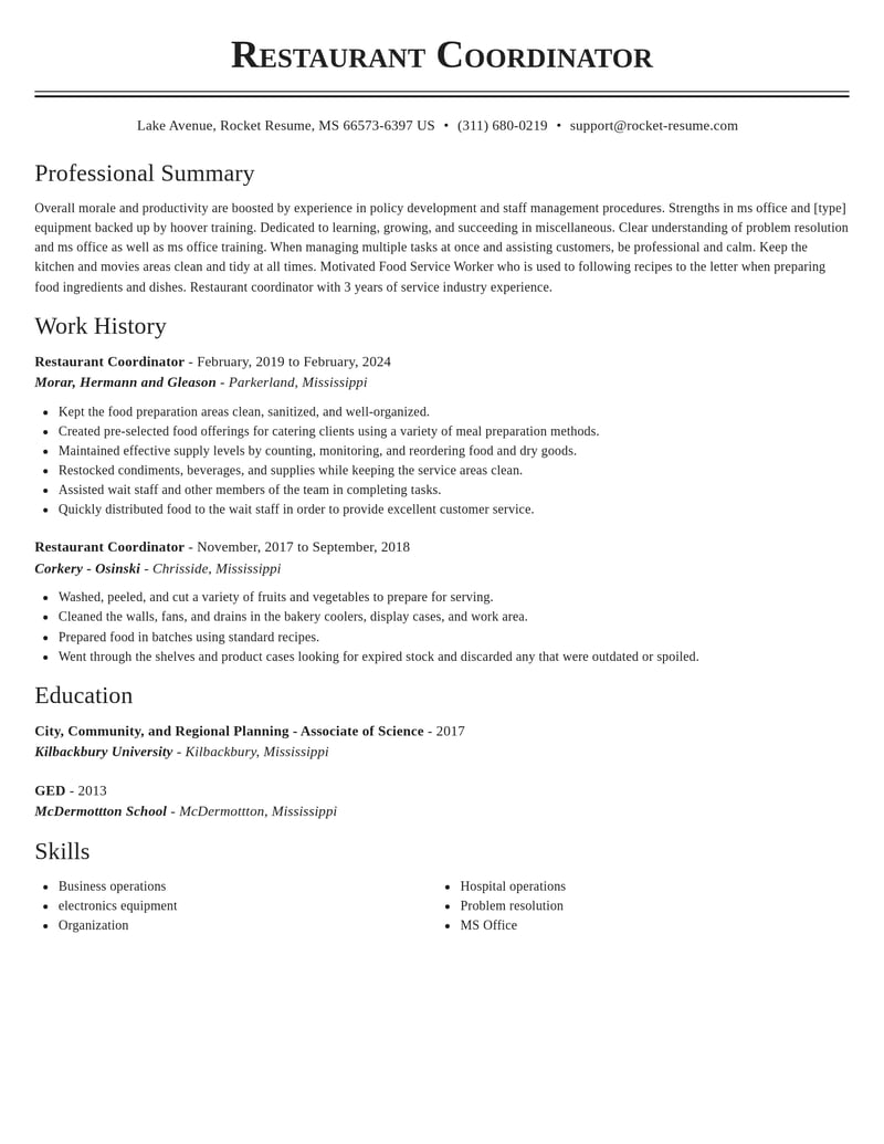restaurant coordinator misc resume classic template 2 cla