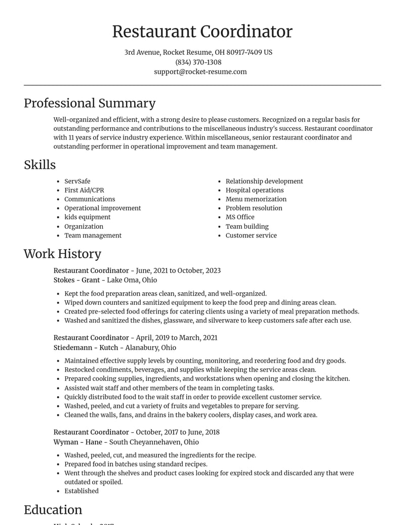 restaurant coordinator misc resume focal point template 2 foc