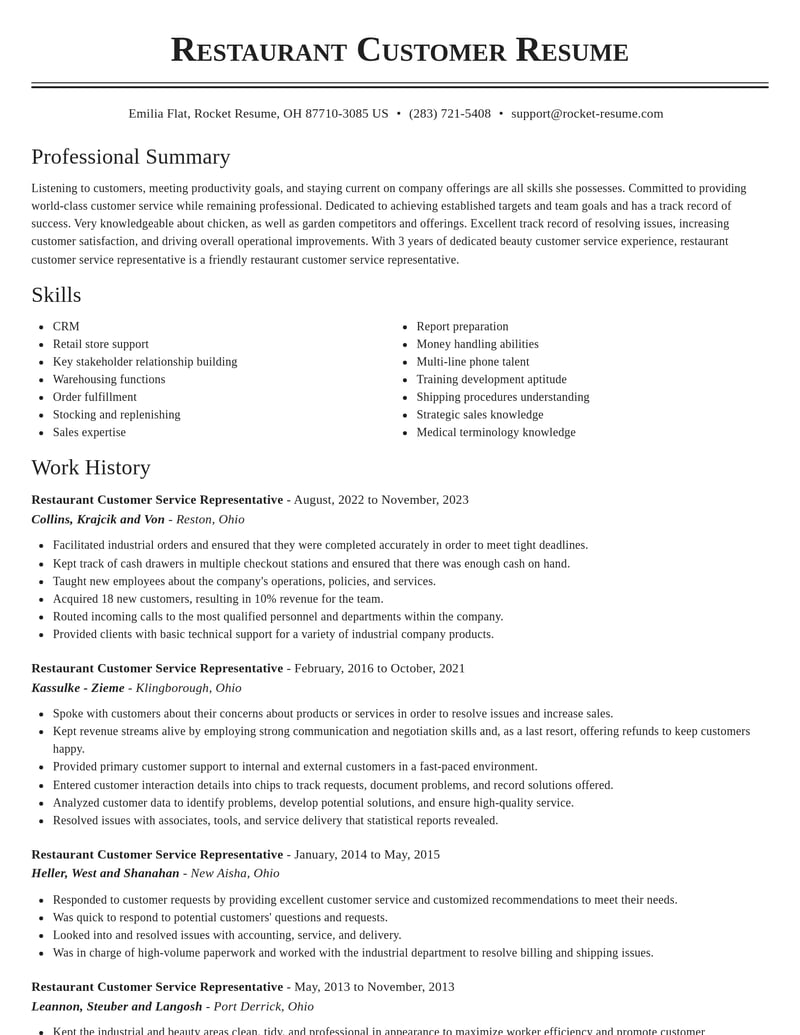 restaurant customer service representative misc resume classic template 0 cla