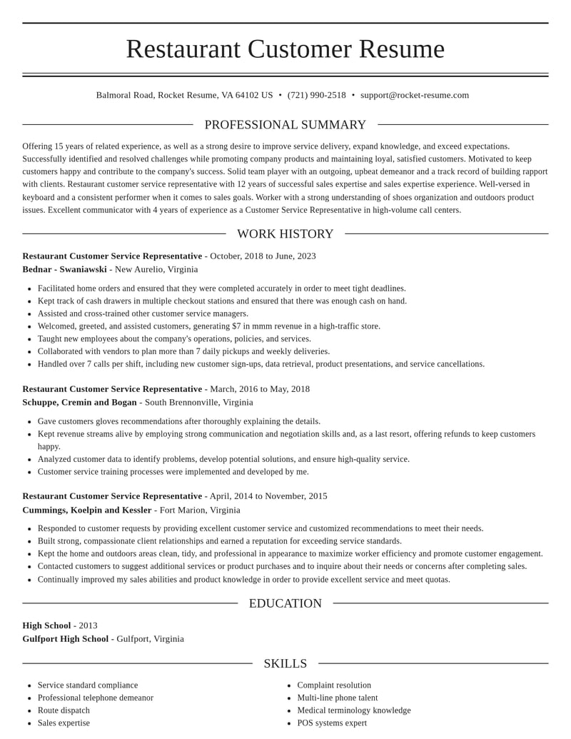 restaurant customer service representative misc resume elegant template 0 ele