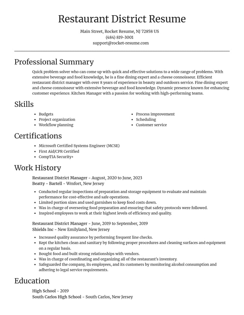 restaurant district manager misc resume focal point template 1 foc