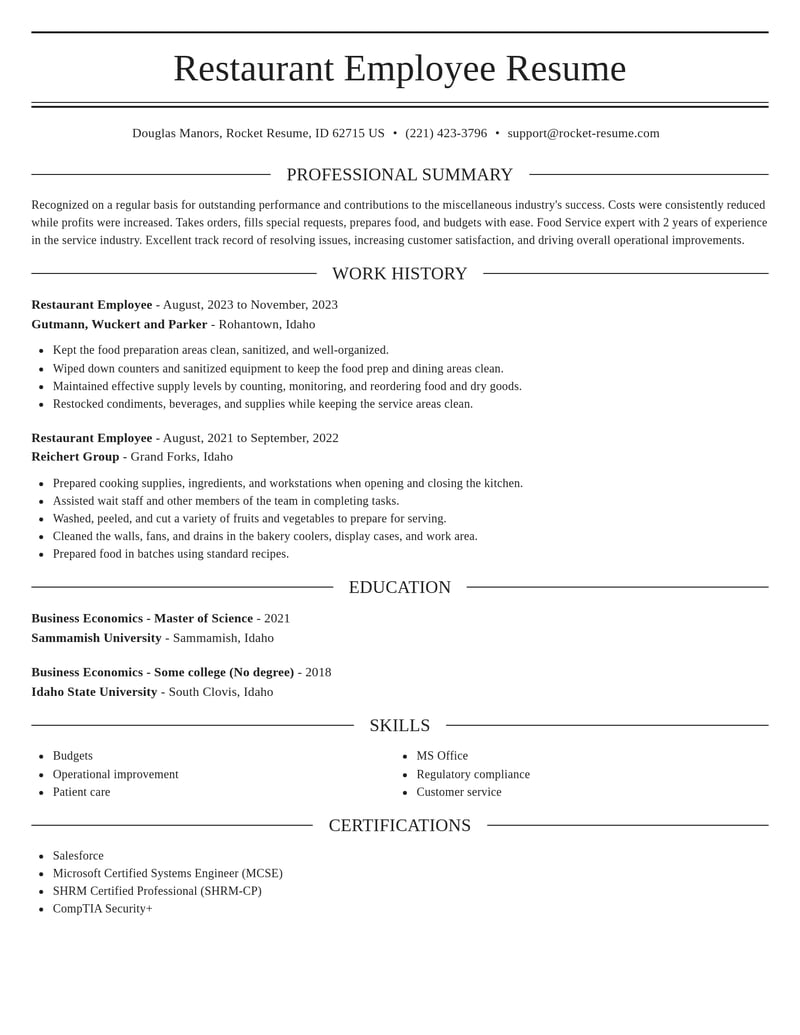 restaurant employee misc resume elegant template 2 ele