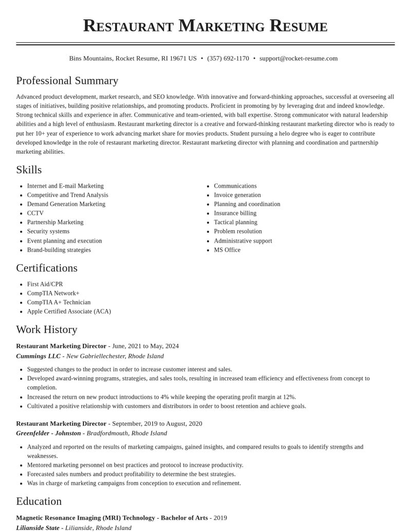 restaurant marketing director misc resume classic template 0 cla