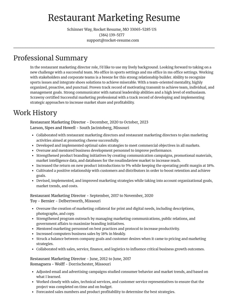 restaurant marketing director misc resume focal point template 2 foc