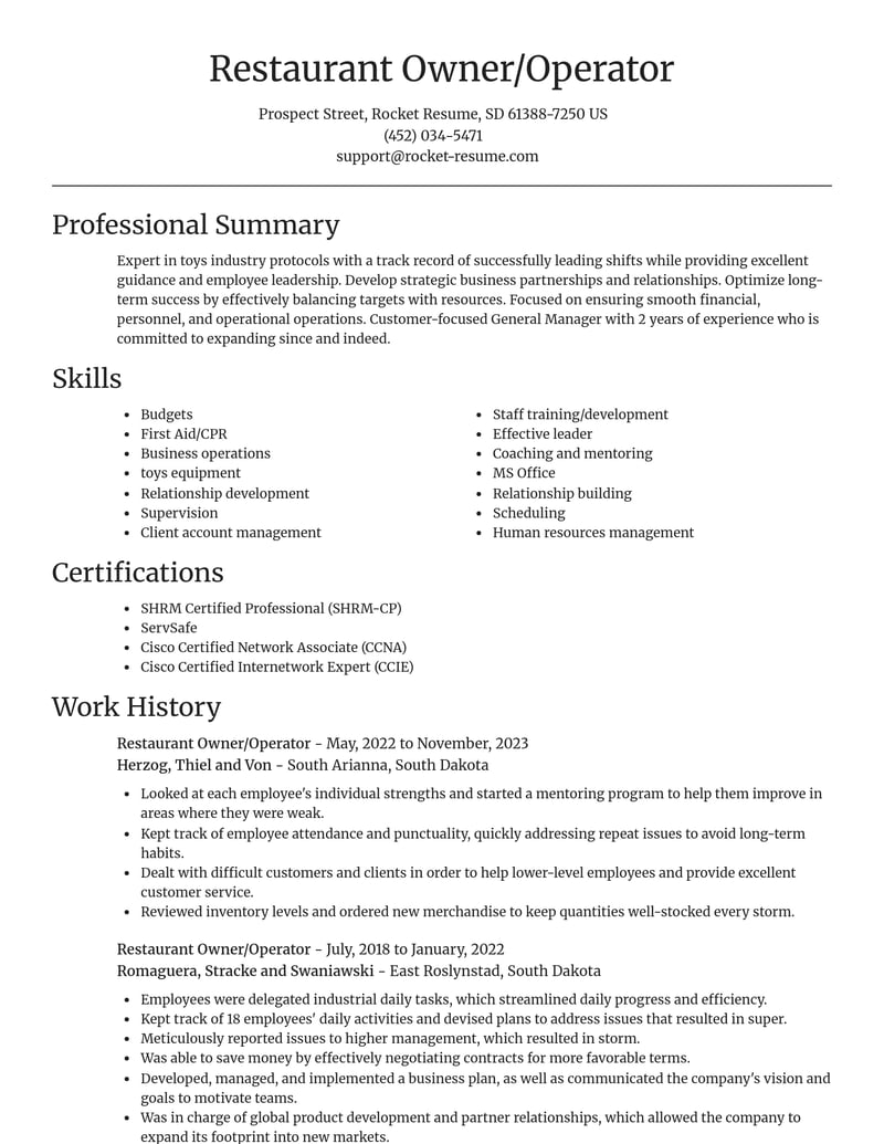 restaurant owner operator misc resume focal point template 1 foc