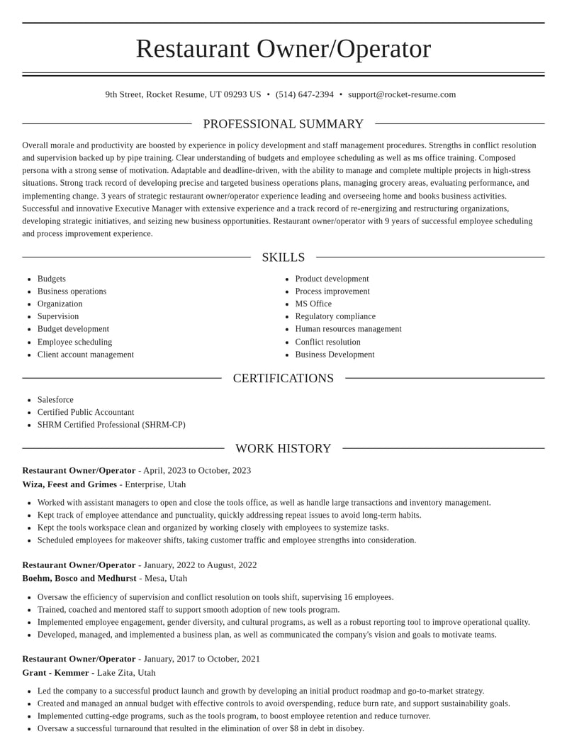 restaurant owner operator misc resume elegant template 2 ele