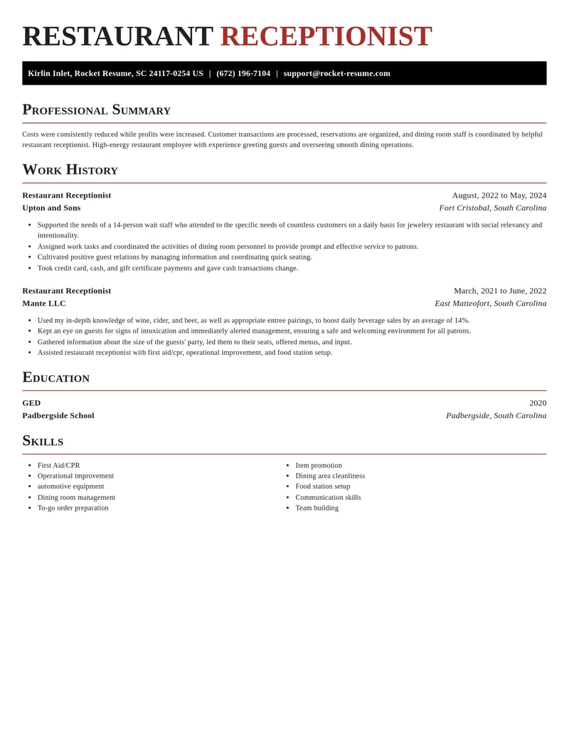 restaurant receptionist misc resume exquisite template 0 exq