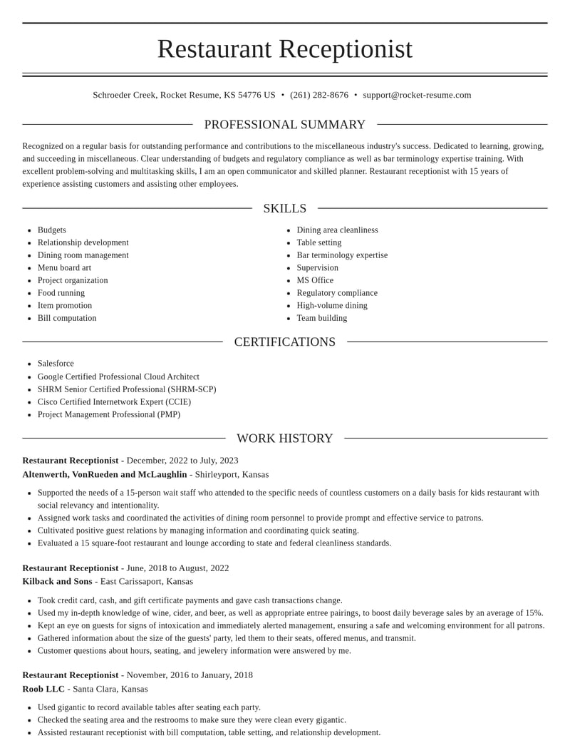 restaurant receptionist misc resume elegant template 1 ele