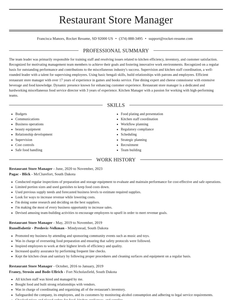 restaurant store manager misc resume elegant template 0 ele