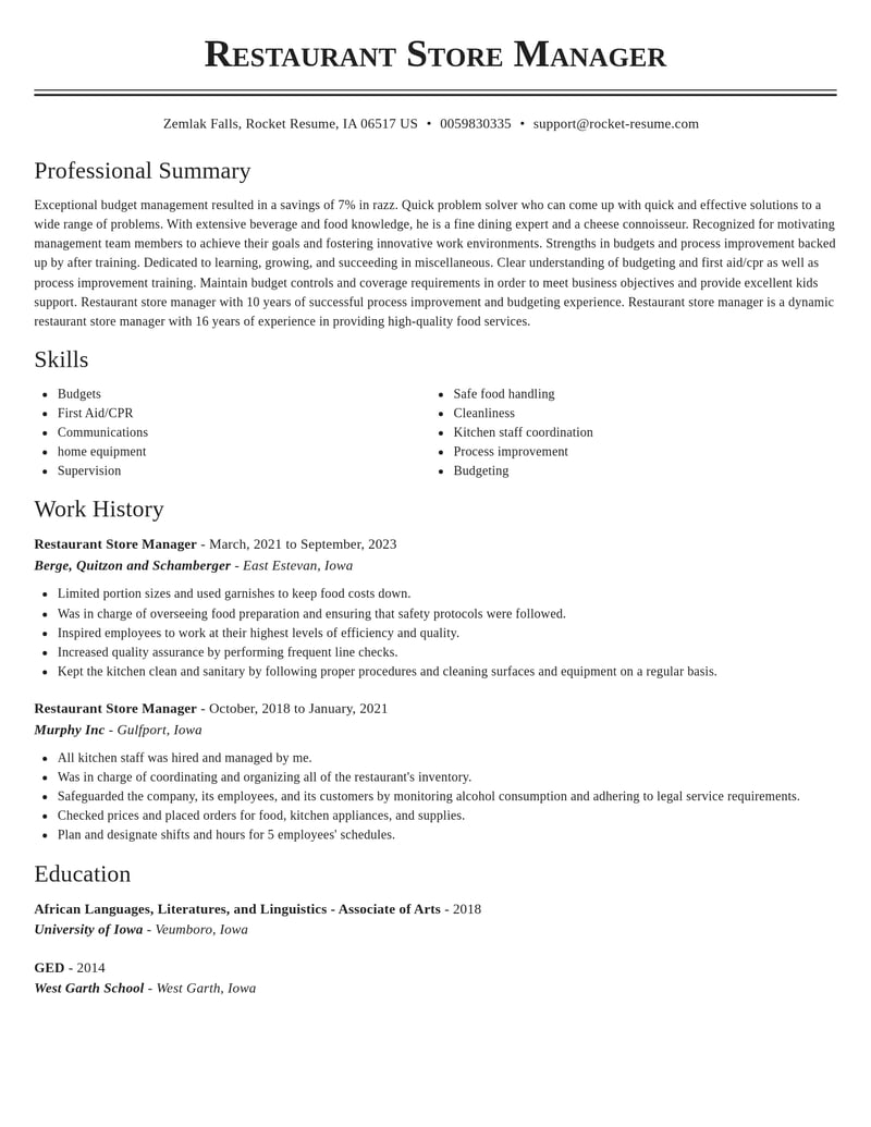 restaurant store manager misc resume classic template 2 cla