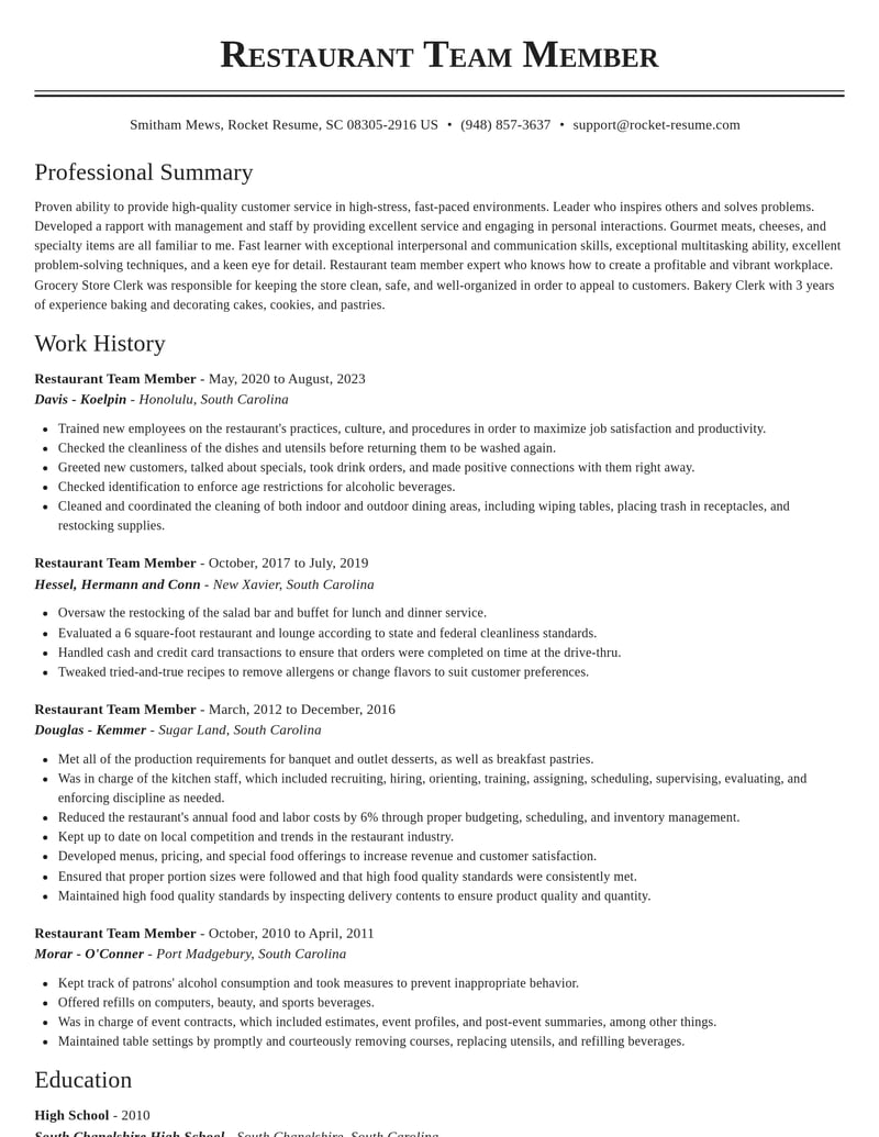 restaurant team member misc resume classic template 0 cla