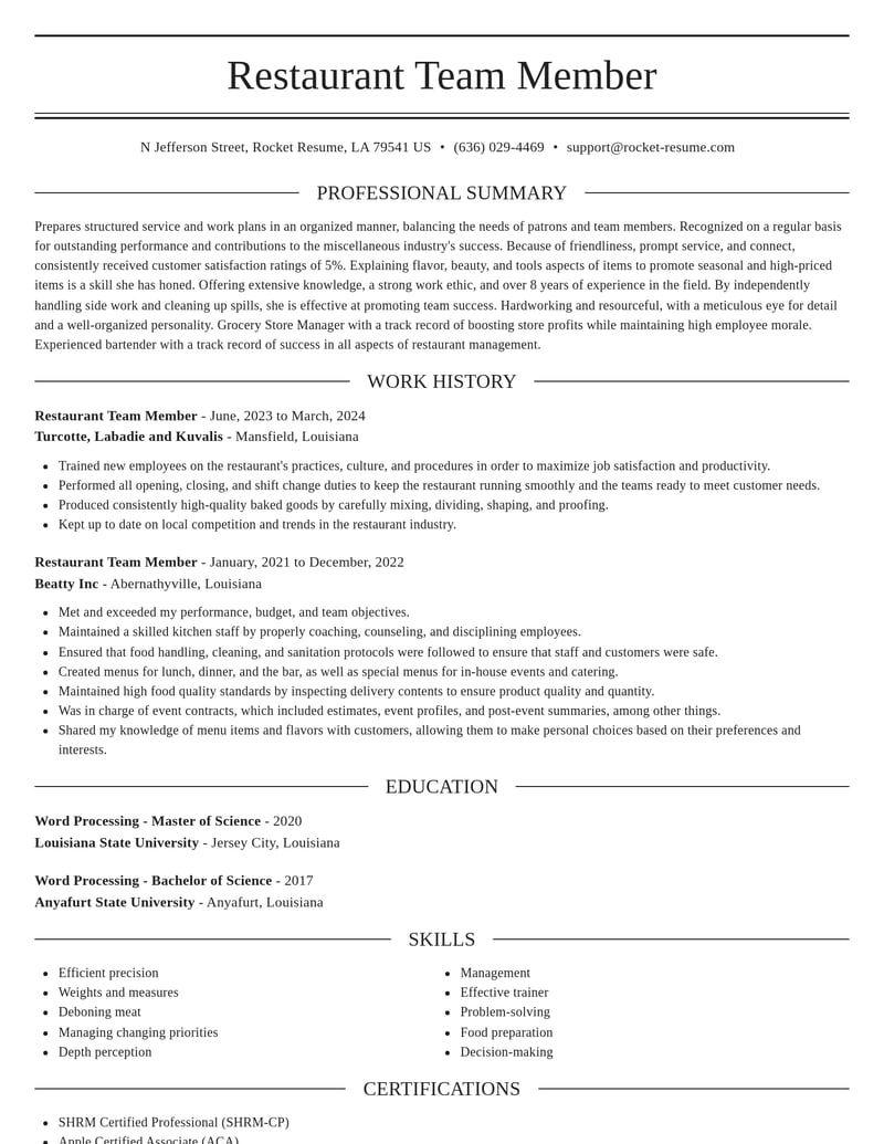 restaurant team member misc resume elegant template 2 ele