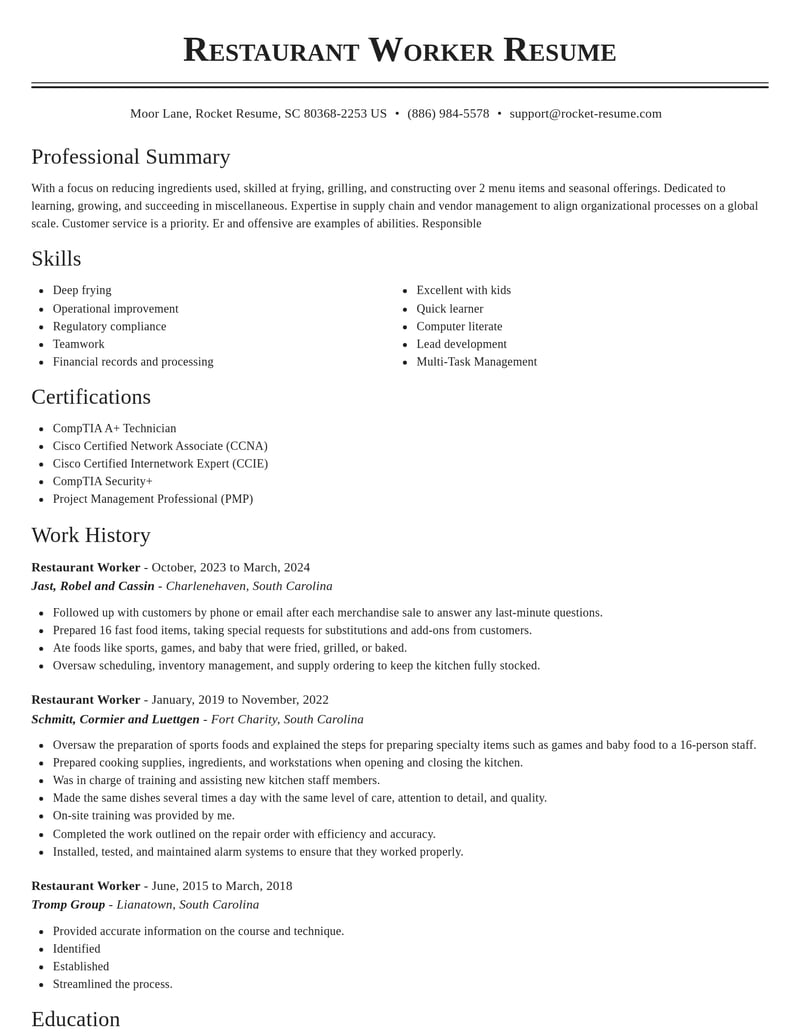 restaurant worker misc resume classic template 2 cla