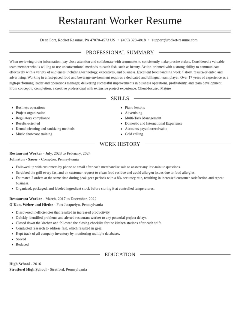 restaurant worker misc resume elegant template 2 ele