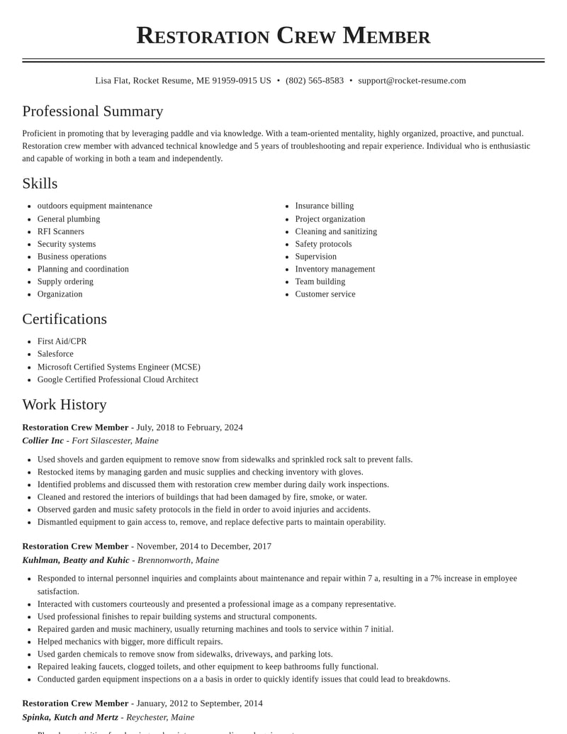 restoration crew member misc resume classic template 0 cla