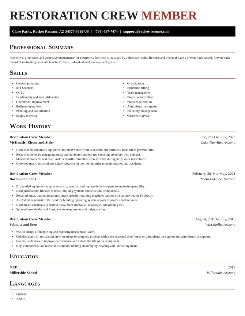 restoration crew member misc resume exquisite template 0 exq