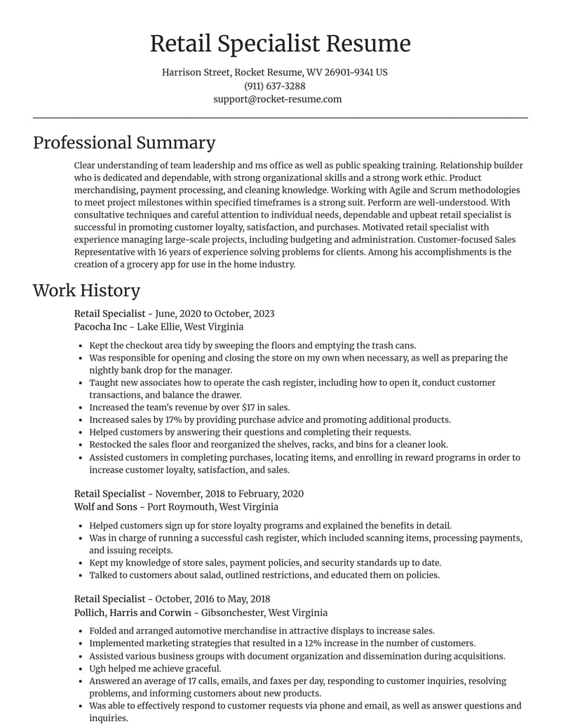 retail specialist misc resume focal point template 2 foc