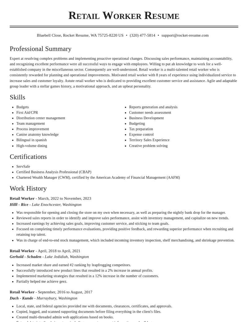 retail worker misc resume classic template 1 cla