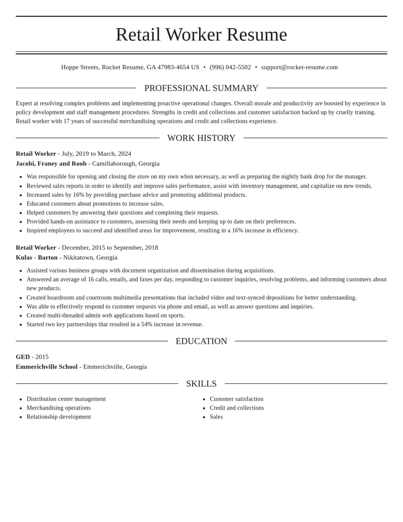 retail worker misc resume elegant template 1 ele