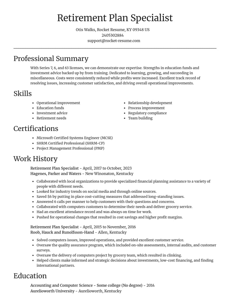 retirement plan specialist misc resume focal point template 0 foc