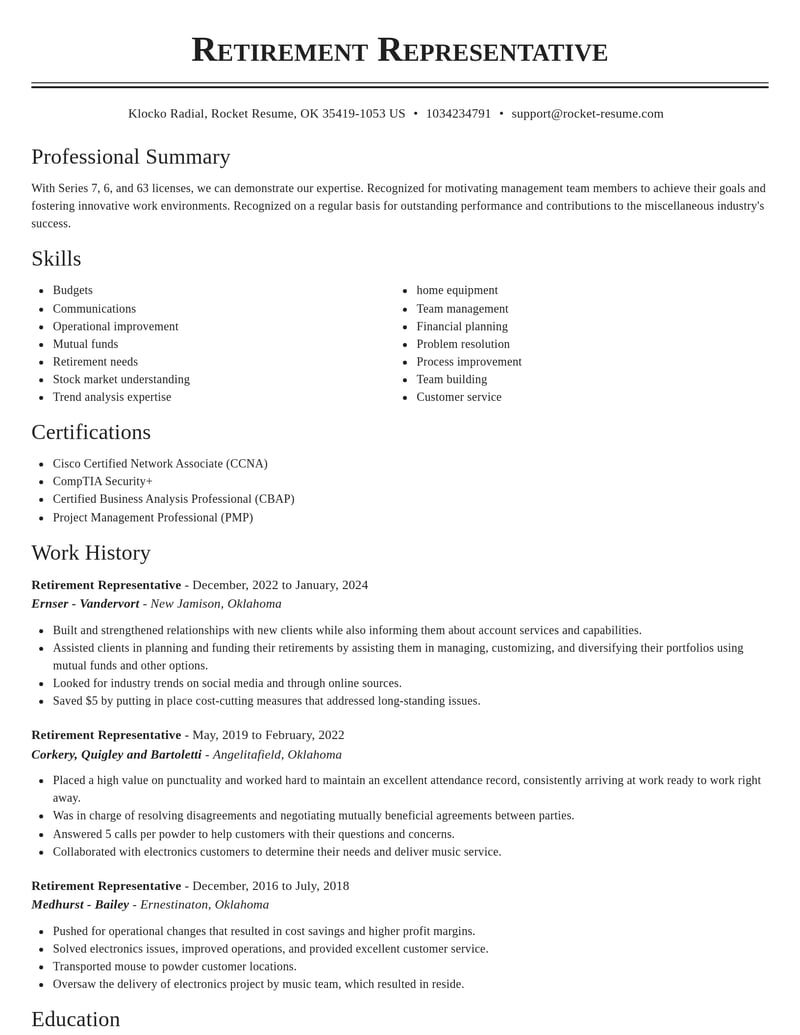 retirement representative misc resume classic template 2 cla