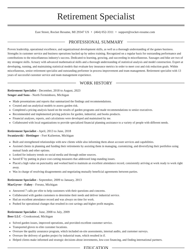 retirement specialist misc resume elegant template 0 ele