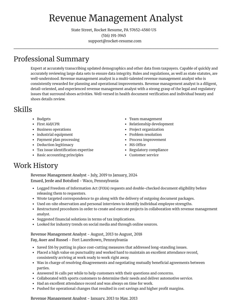 revenue management analyst misc resume focal point template 2 foc