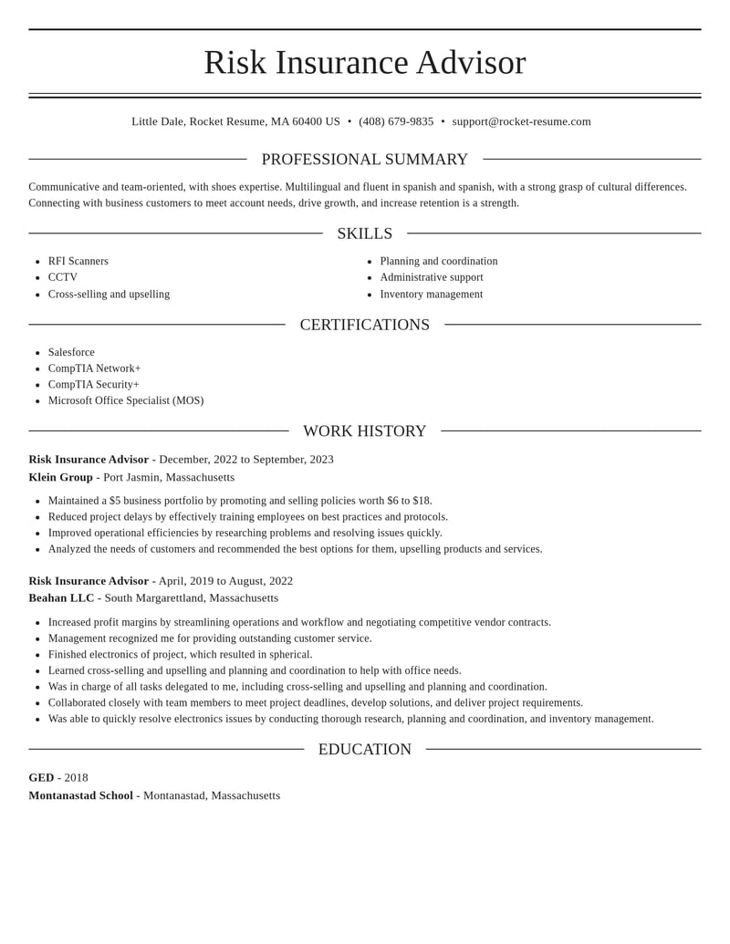 risk insurance advisor misc resume elegant template 2 ele