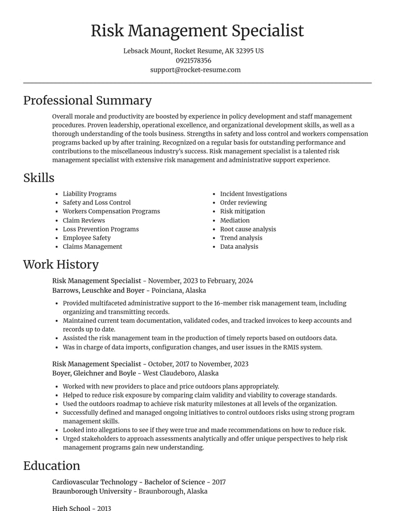 risk management specialist misc resume focal point template 1 foc