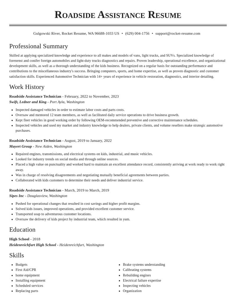 roadside assistance technician misc resume classic template 2 cla