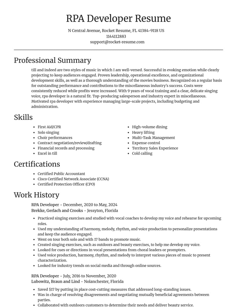 rpa developer misc resume focal point template 2 foc