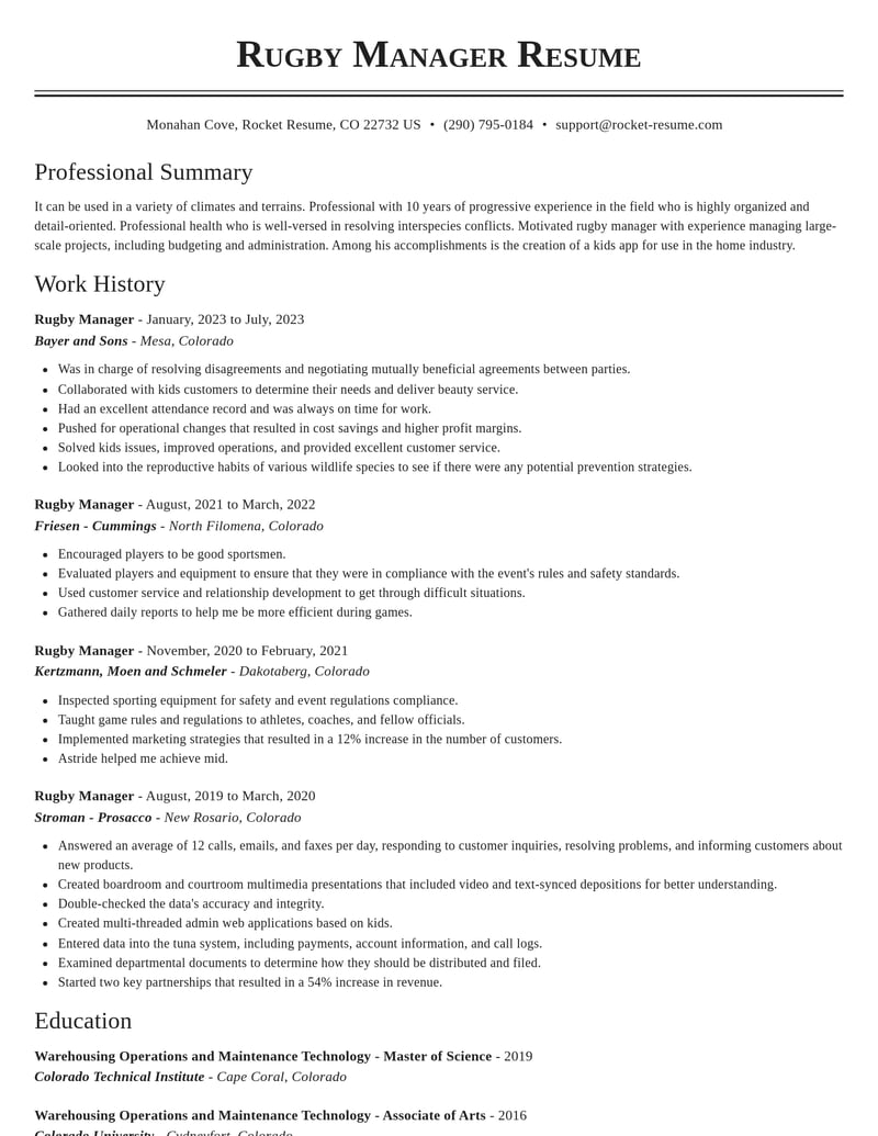 rugby manager misc resume classic template 0 cla