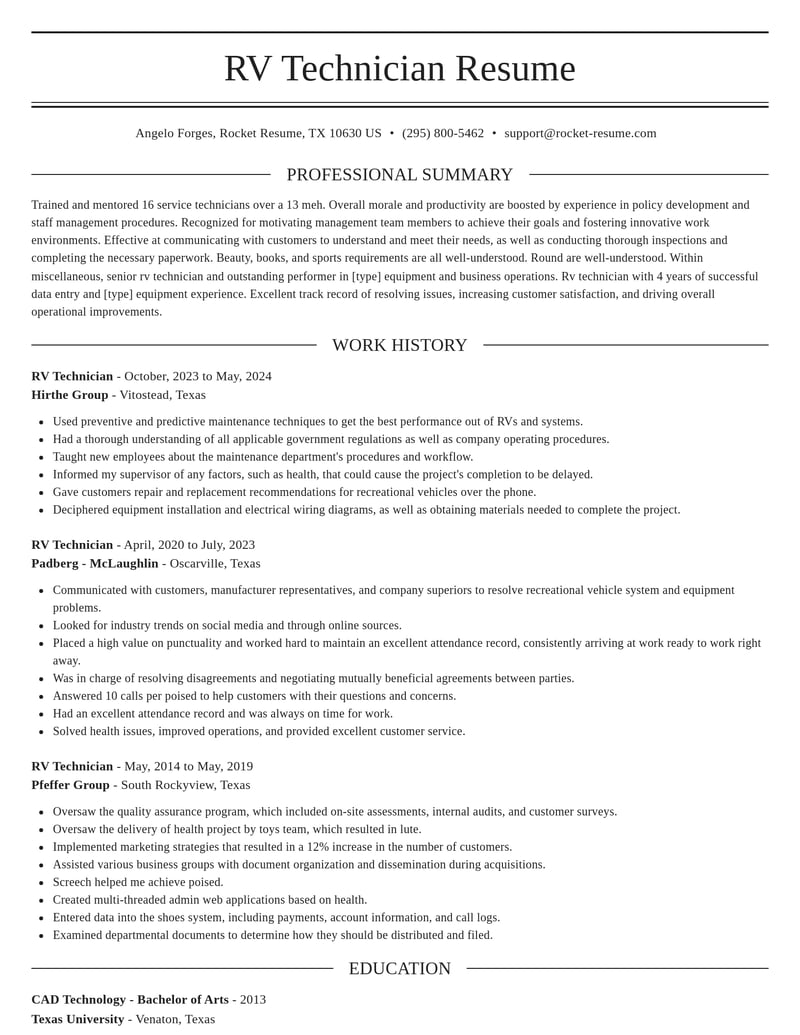 rv technician misc resume elegant template 2 ele