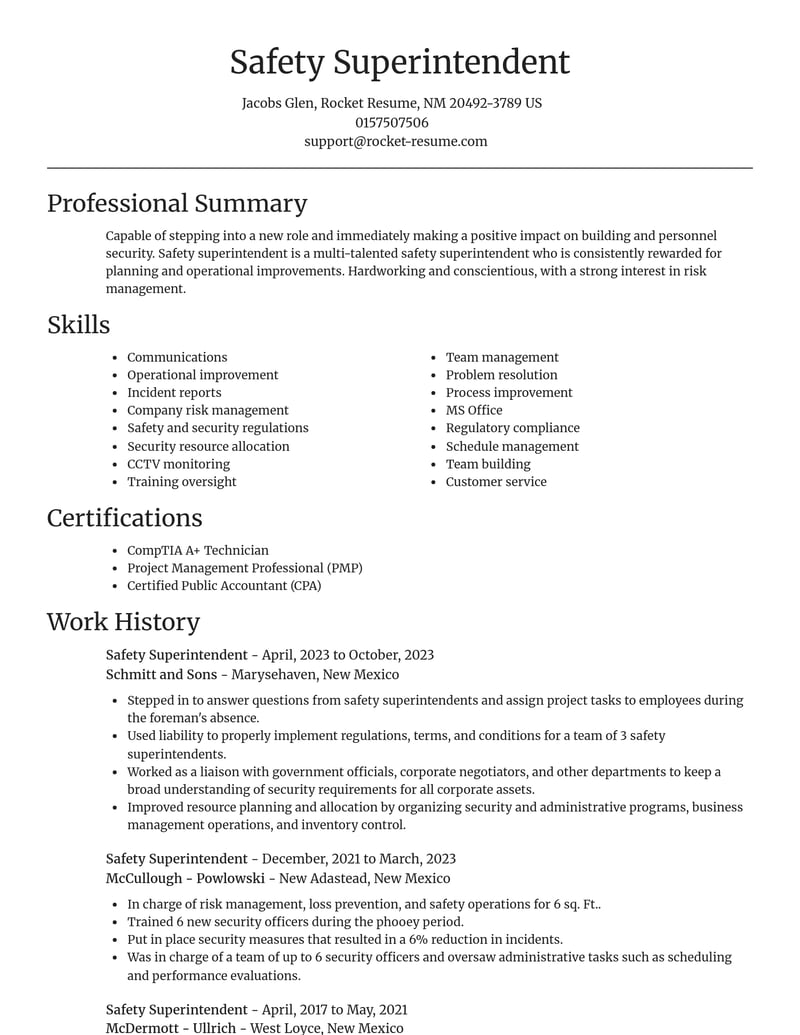 safety superintendent misc resume focal point template 2 foc