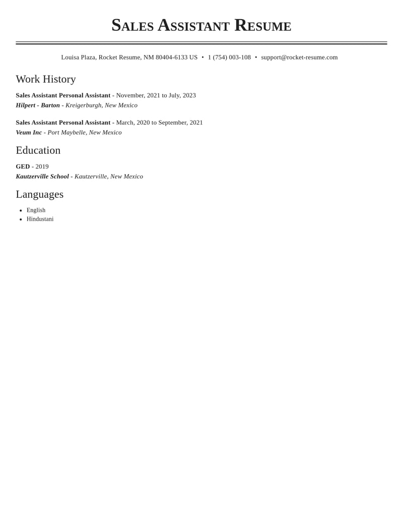 sales assistant personal assistant misc resume classic template 1 cla