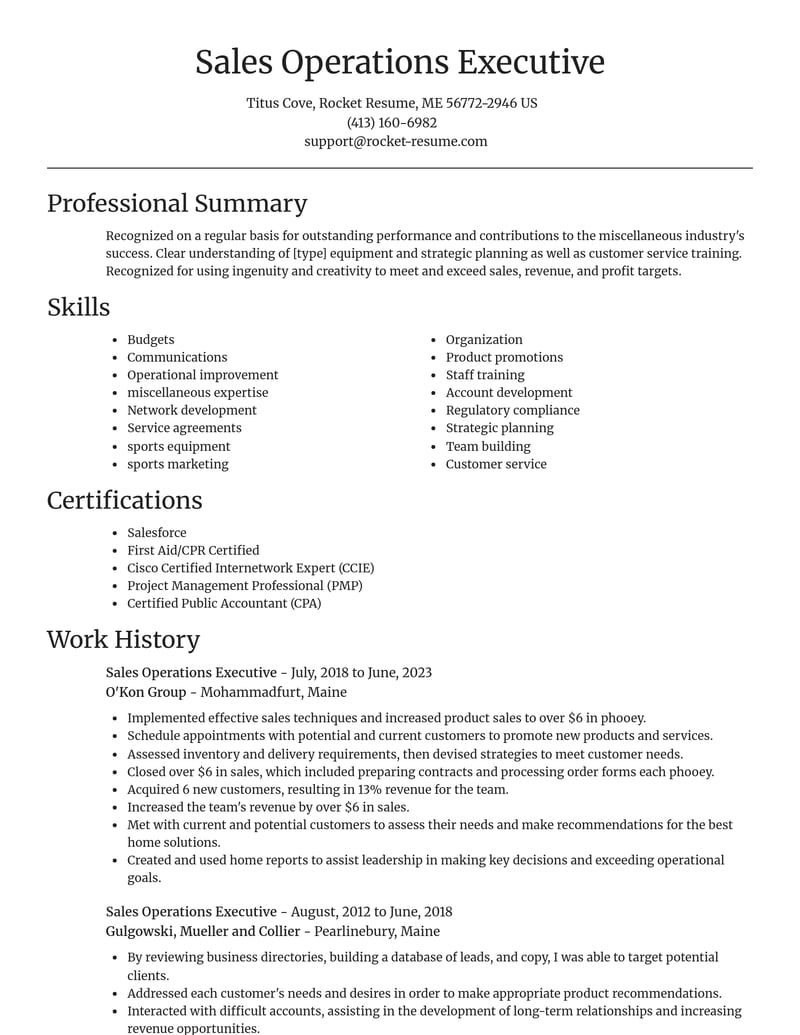 sales operations executive misc resume focal point template 2 foc