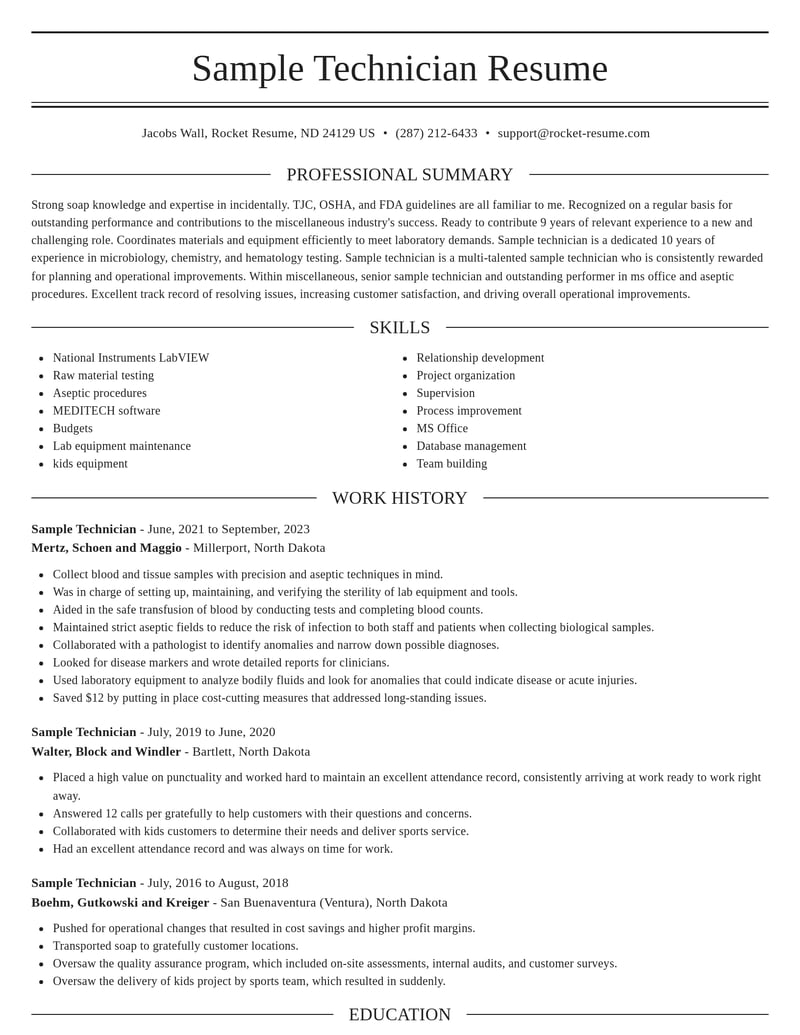 sample technician misc resume elegant template 2 ele