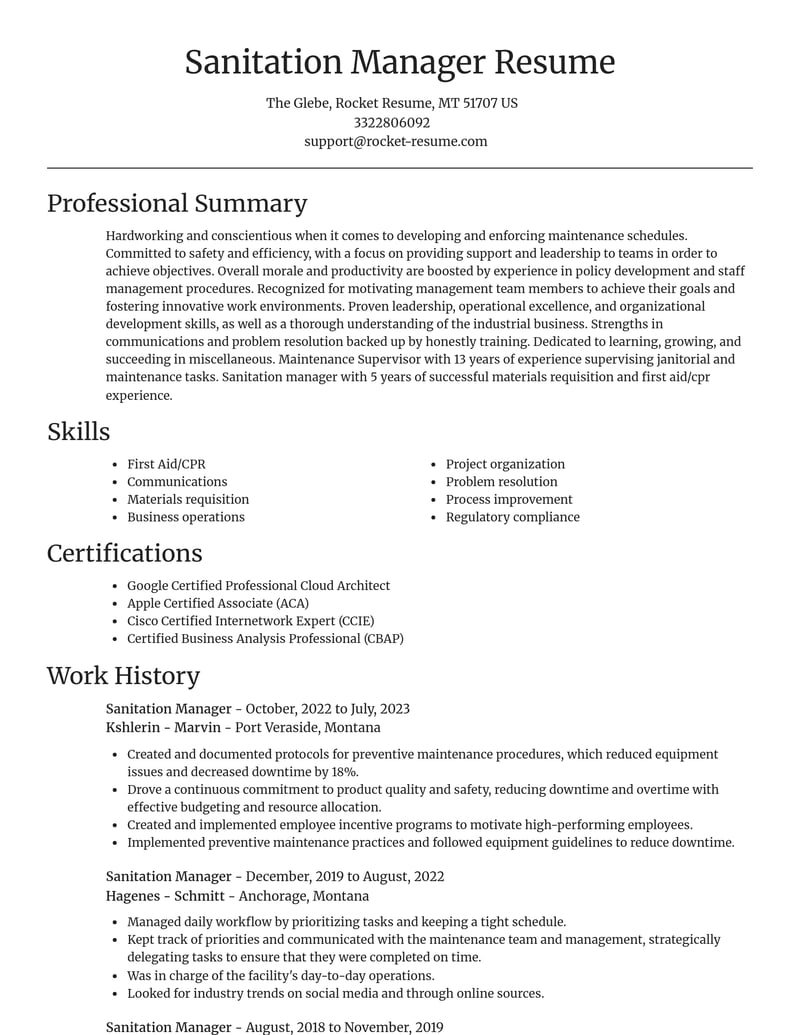 sanitation manager misc resume focal point template 1 foc