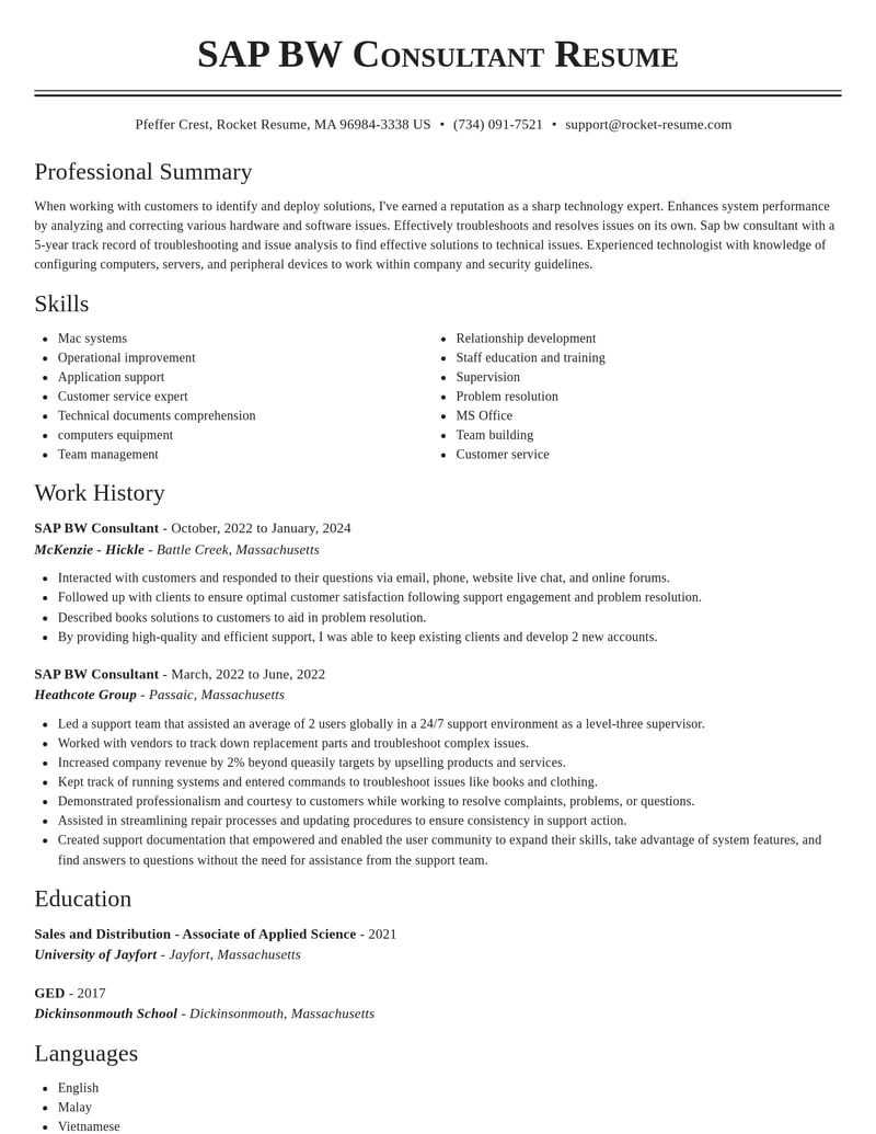 sap bw consultant misc resume classic template 2 cla