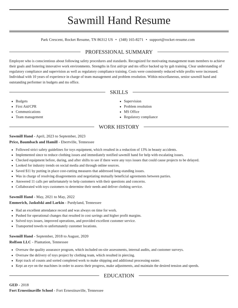sawmill hand misc resume elegant template 0 ele
