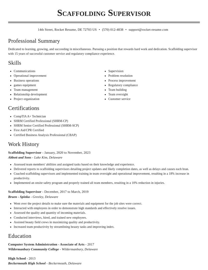 scaffolding supervisor misc resume classic template 0 cla