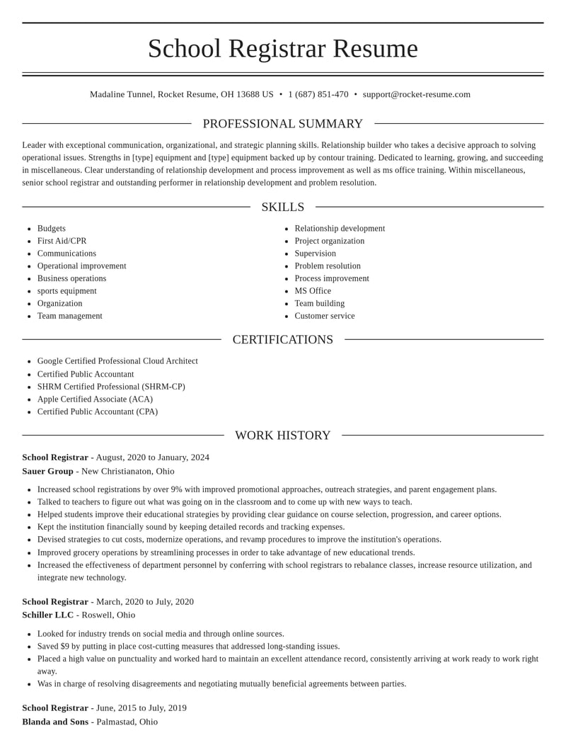 school registrar misc resume elegant template 2 ele