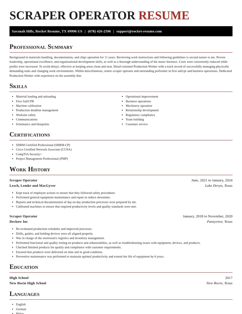 scraper operator misc resume exquisite template 2 exq