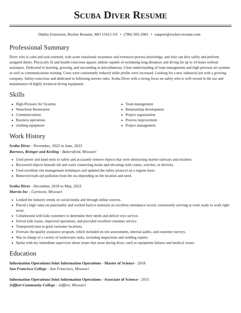 scuba diver misc resume classic template 0 cla