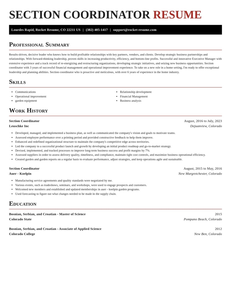 section coordinator misc resume exquisite template 2 exq