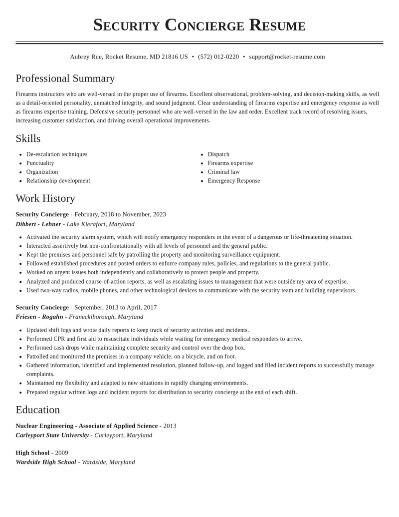 security concierge misc resume classic template 1 cla